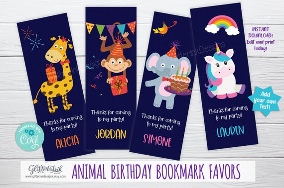 animal birthday bookmark favors animal party favors printable bookmarks birthday favor tags animal bookmarks unicorn bookmarks by glitter ink designs catch my party