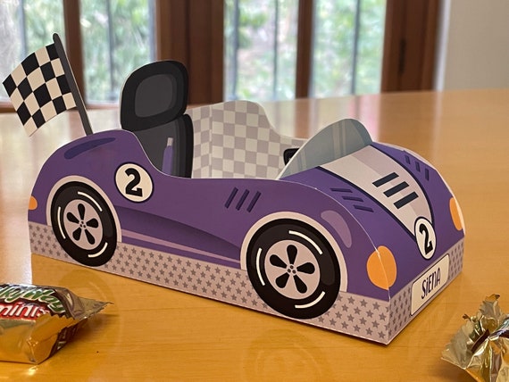 Two Fast Birthday Race Car Party Favors Treat Box, Printable Papercraft Racing Theme Candy Favor Boxes Centerpiece STEEL BLUE / GREY