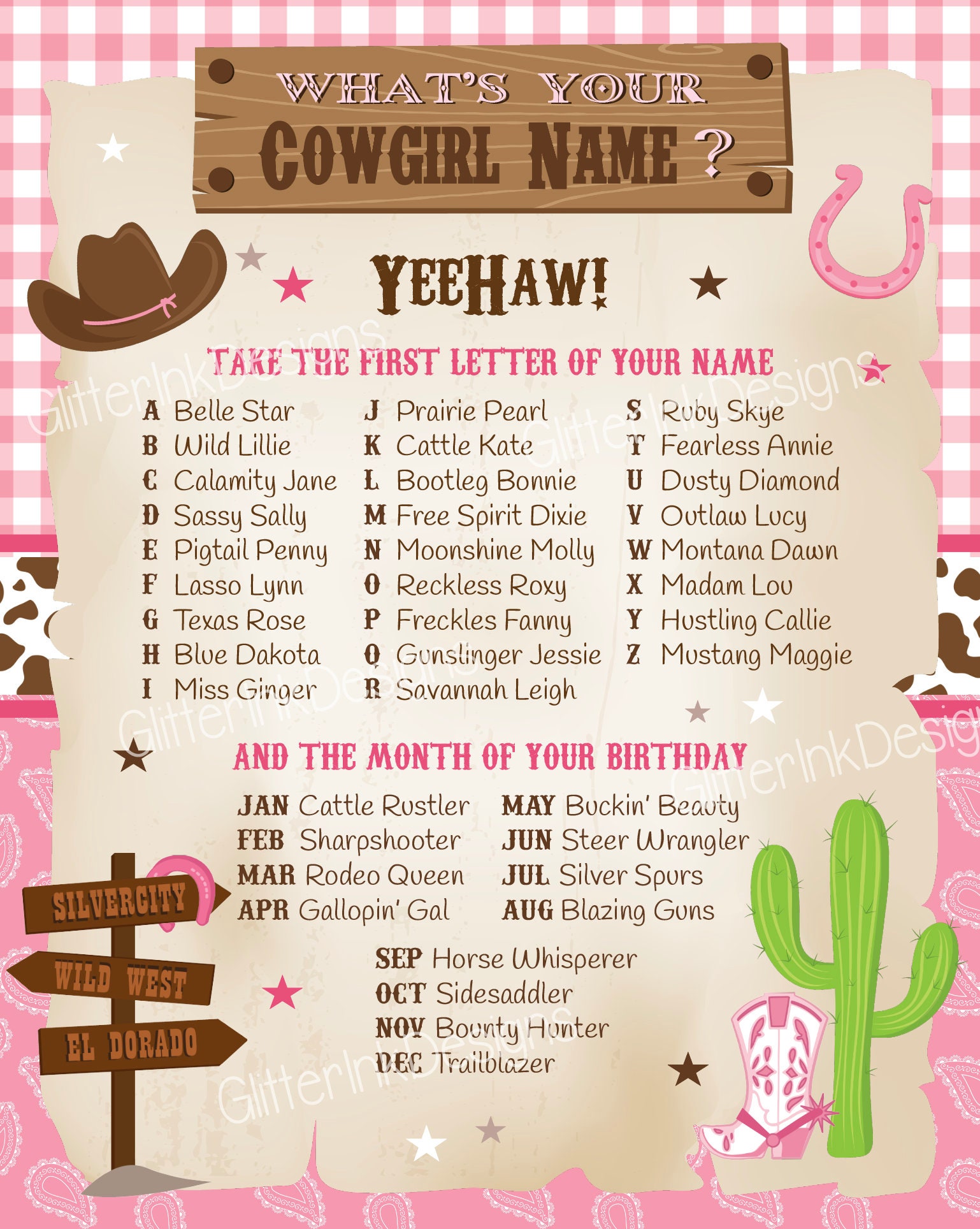 What's Your Cowgirl Name Game (1 Cowgirl Theme Sign and 30 Name Tag  Stickers), Cowgirl Game Party Decoration, Birthday Game for Kids, Family  Game-5