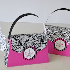 Paris party printable purse favor box, Eiffel Tower handbag party favors in hot pink with black & white lace damask for Sweet 16 birthday