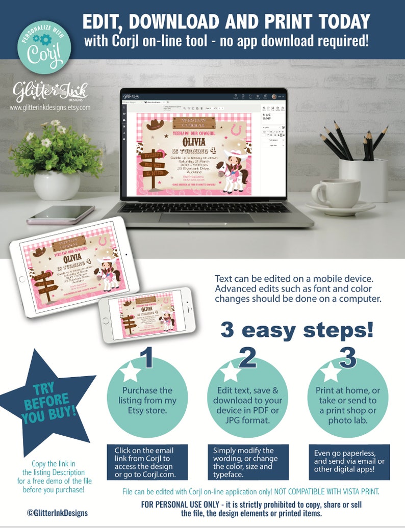Pink cowgirl party printable invitation / Wild west cowboy party invitation / Western party cowgirl invitation pink gingham image 3