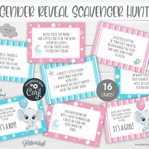 Tarjetas con pistas para la búsqueda del tesoro con revelación de género para juegos de fiesta de baby shower, pistas de búsqueda del tesoro imprimibles con temática de elefante