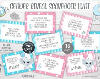 Gender reveal scavenger hunt / Gender reveal treasure hunt clues / Baby shower scavenger hunt / Printable gender reveal party games
