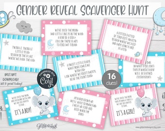 Gender reveal scavenger hunt clue cards for baby shower party games, Elephant theme printable treasure hunt clues