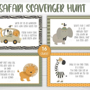 Safari scavenger hunt clue cards / Jungle treasure hunt clues / jungle safari party games / Jungle party scavenger hunt