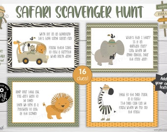 Safari scavenger hunt clue cards / Jungle treasure hunt clues / jungle safari party games / Jungle party scavenger hunt
