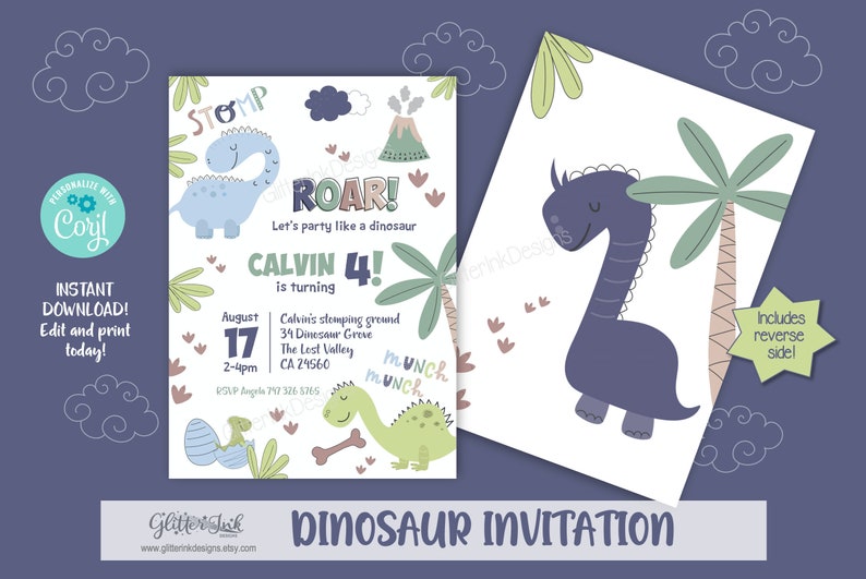 Dinosaur invitation / Dinosaur party invitation / Dinosaur birthday invitation / Dinosaur theme party printable invitation image 1