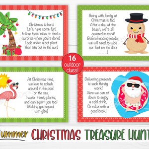 Pu&ograve; includere: Un set di 16 indizi di caccia al tesoro di Natale stampabili con un tema estivo. Gli indizi presentano illustrazioni di Babbo Natale, un pupazzo di neve, un fenicottero e una palma. Il testo sugli indizi include frasi come "&Egrave; Natale!" e "Consegnare i regali &egrave; un lavoro cos&igrave; assetato!"