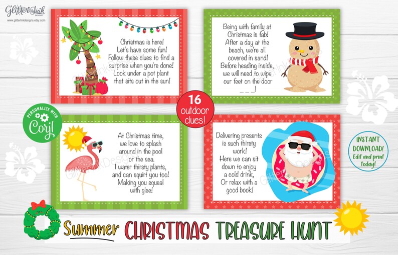 Pu&ograve; includere: Un set di 16 indizi di caccia al tesoro di Natale stampabili con un tema estivo. Gli indizi presentano illustrazioni di Babbo Natale, un pupazzo di neve, un fenicottero e una palma. Il testo sugli indizi include frasi come "&Egrave; Natale!" e "Consegnare i regali &egrave; un lavoro cos&igrave; assetato!"