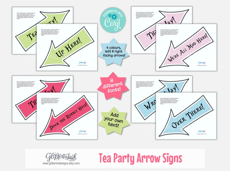 Alice in Wonderland Mad Hatter Tea Party arrow signs / Vintage Tea party Photo booth props / Edit and download with Corjl image 5