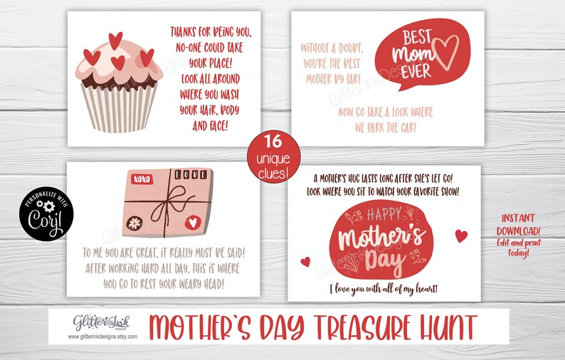 May include: A printable Mother's Day treasure hunt game with 16 clues. The cards feature illustrations of a cupcake, a gift box, a car, and a heart with the text "Happy Mother's Day".