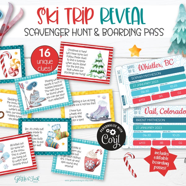 Weihnachtsüberraschung Skiausflug enthüllen Schnitzeljagd + Bordkarte / Winter Schneeurlaub Schatzsuche Hinweise für Kinder zum ausdrucken Secret Santa