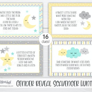 Gender reveal scavenger hunt clue cards for baby shower party games, Neutral nursery printable treasure hunt clues image 5