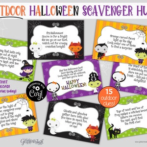 Outdoor Halloween scavenger hunt clue cards / Kids Halloween treasure hunt clues / Printable Halloween party games activity edit with Corjl image 1