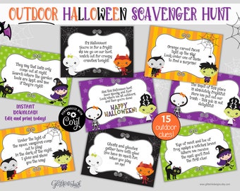 Outdoor Halloween scavenger hunt clue cards, Halloween treasure hunt clues for kids, Printable Spooky party games activity edit with Corjl