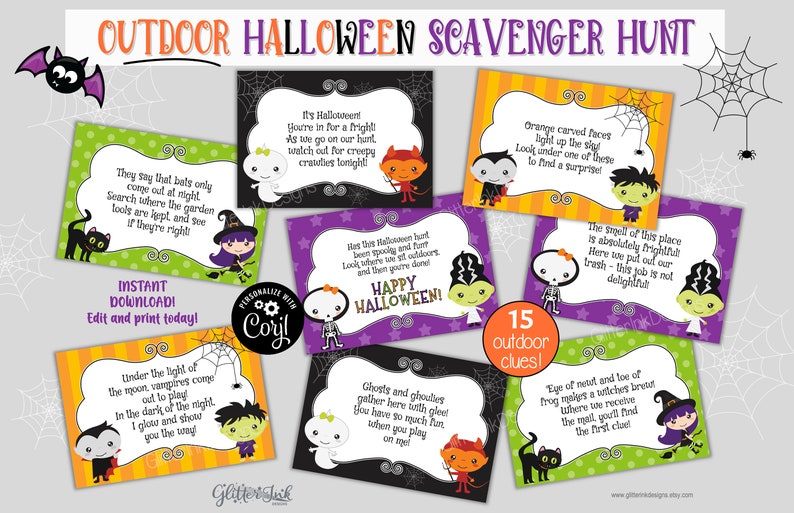 Outdoor Halloween scavenger hunt clue cards / Kids Halloween treasure hunt clues / Printable Halloween party games activity edit with Corjl image 1
