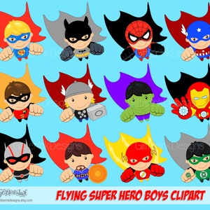 May include: Clip art set of 12 flying superhero boys. Each boy is wearing a different superhero costume and cape. The boys are flying in the air with their arms outstretched. The background is a light blue colour.