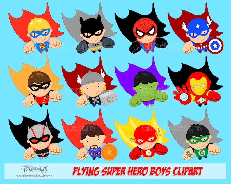 May include: Clip art set of 12 flying superhero boys. Each boy is wearing a different superhero costume and cape. The boys are flying in the air with their arms outstretched. The background is a light blue colour.