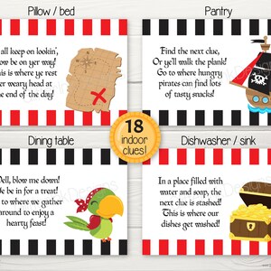 Pode incluir: Um conjunto de 18 pistas de ca&ccedil;a ao tesouro imprim&iacute;veis com tema pirata para uma festa infantil. Cada pista &eacute; impressa em um cart&atilde;o branco com listras vermelhas e pretas e apresenta uma ilustra&ccedil;&atilde;o com tema pirata. As pistas s&atilde;o etiquetadas com a localiza&ccedil;&atilde;o da pr&oacute;xima pista, como "Travesseiro/cama", "Despensa", "Mesa de jantar" e "Lava-lou&ccedil;as/pia".