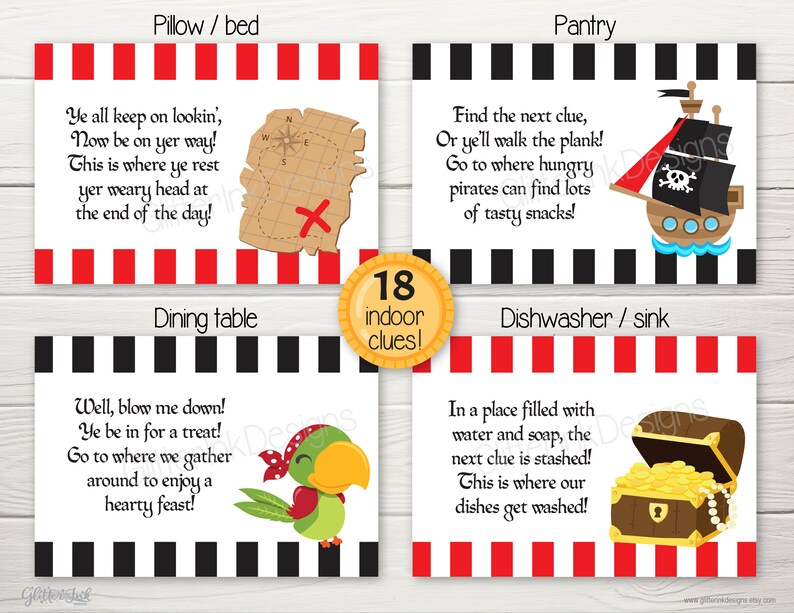 Pode incluir: Um conjunto de 18 pistas de ca&ccedil;a ao tesouro imprim&iacute;veis com tema pirata para uma festa infantil. Cada pista &eacute; impressa em um cart&atilde;o branco com listras vermelhas e pretas e apresenta uma ilustra&ccedil;&atilde;o com tema pirata. As pistas s&atilde;o etiquetadas com a localiza&ccedil;&atilde;o da pr&oacute;xima pista, como "Travesseiro/cama", "Despensa", "Mesa de jantar" e "Lava-lou&ccedil;as/pia".