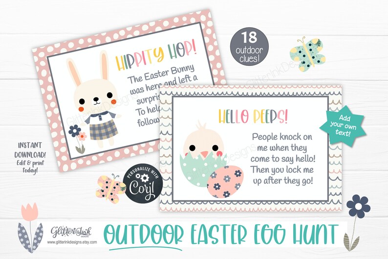 May include: Printable Easter egg hunt clues with cute illustrations of a bunny and a chick. The cards feature the text "Hippity Hop!" and "Hello peeps!" with instructions for an outdoor egg hunt.