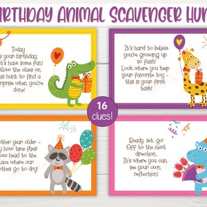 May include: A set of 4 colourful cards with animal illustrations and birthday scavenger hunt clues. The cards are yellow, orange, purple, and pink. The text on the cards reads: "Today is your birthday. Let's have some fun! Follow the clues on this hunt to find a surprise when you're done!"  "Another year older - my how time flies! Now head to the place where our clothes go to dry!"  "It's hard to believe you're growing up so fast! Look where you keep your favourite toy - this is your first task!"  "Ready set, go! Off to the next direction. It's where you can see your own reflection!"