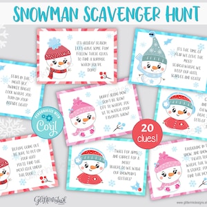 White Christmas scavenger hunt clue cards, Winter Wonderland treasure hunt clues for kids, Snowman printable party game