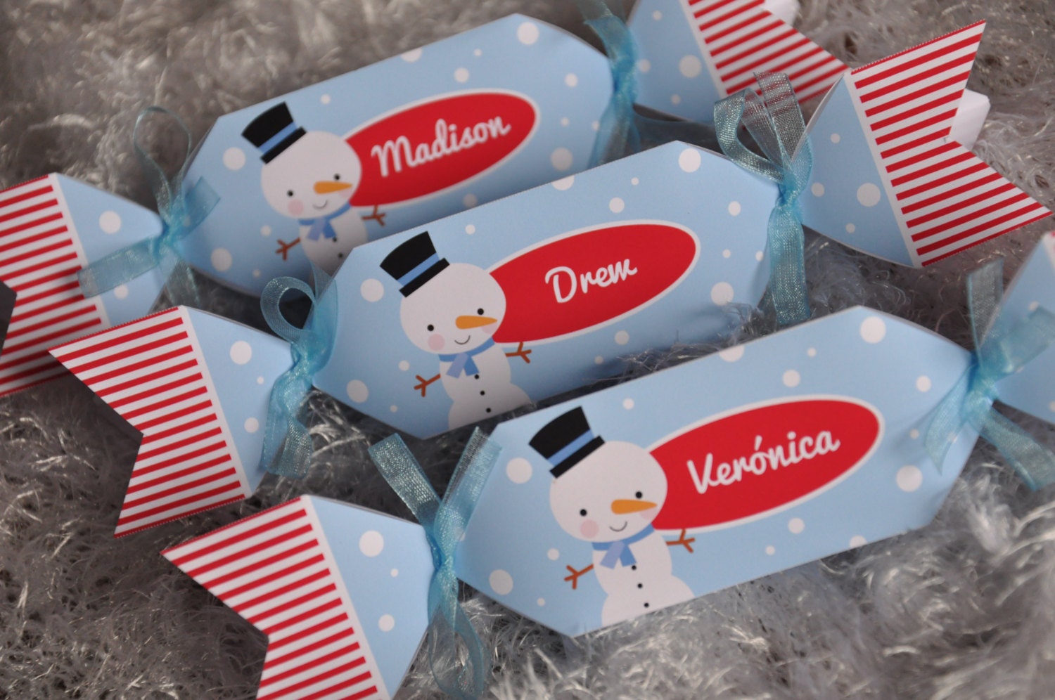 Christmas cracker printable party poppers decor, Xmas bon bon table place setting decoration, personalized Snowman treat box edit with Corjl