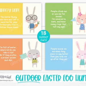 May include: A set of 18 printable Easter egg hunt clues featuring cute bunny illustrations. Each clue card has a different color background and a rhyming riddle about an outdoor object. The cards are designed to be printed and used for an outdoor Easter egg hunt.
