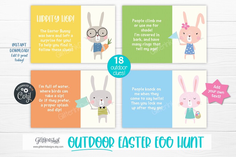 May include: A set of 18 printable Easter egg hunt clues featuring cute bunny illustrations. Each clue card has a different color background and a rhyming riddle about an outdoor object. The cards are designed to be printed and used for an outdoor Easter egg hunt.