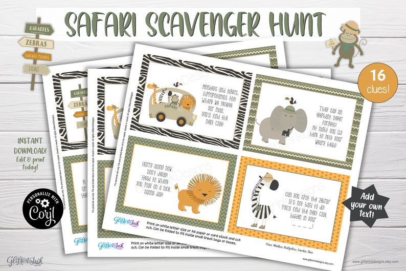 May include: A printable safari scavenger hunt game with 16 clues. The game features a variety of safari animals, including a lion, zebra, giraffe, and elephant. The clues are written on cards with a green and yellow striped background. The text on the cards reads: "Hunt along now, don't delay, Head to where you'll play on a nice safari day."
