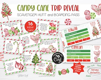 Christmas surprise trip reveal with scavenger hunt clue cards and editable boarding passes, Printable candy cane kids treasure hunt
