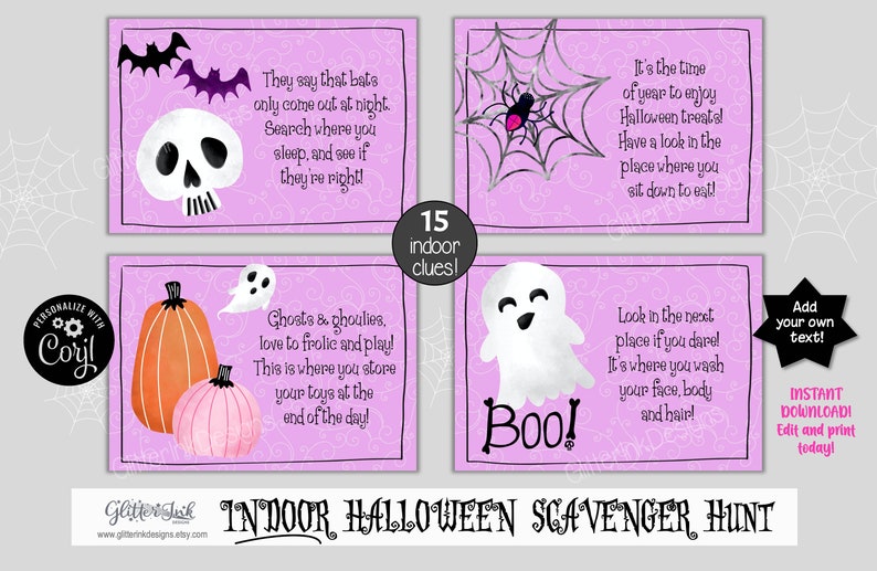 May include: A set of 15 printable Halloween scavenger hunt cards with a pink background and various Halloween-themed illustrations. The cards include text such as "They say that bats only come out at night." and "Ghosts & ghoulies love to frolic and play!"