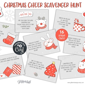 Cartões de dicas para impressão de caça ao tesouro de Natal, dicas de caça ao tesouro de Natal para crianças com animais festivos