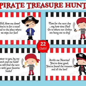 Peut inclure: Un jeu de chasse au tr&eacute;sor pirate imprimable avec 22 indices. Les indices pr&eacute;sentent de mignons pirates de dessin anim&eacute; sur des fonds &agrave; rayures rouges et noires. Le texte sur les indices se lit comme suit :  "Eh bien, je suis &eacute;poustoufl&eacute; ! Vous &ecirc;tes dans un r&eacute;gal ! Dirigez-vous vers l'endroit o&ugrave; nous nous essuyons les pieds !"  "Je vous le jure, par mon &eacute;cusson et mon crochet ! Vous trouverez l'indice suivant avec vos livres pr&eacute;f&eacute;r&eacute;s !"  "Maintenant pour l'indice suivant - comme le temps passe vite ! Allez l&agrave; o&ugrave; nos v&ecirc;tements sont suspendus pour s&eacute;cher !"  "Arrhh mes braves ! Vous avez bien fait, vous avez trouv&eacute; le tr&eacute;sor et tout le butin !"