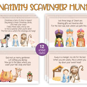 Tarjetas con pistas para la búsqueda del tesoro de la escena de la natividad, pistas de búsqueda del tesoro imprimibles con villancicos para niños y juegos de fiesta familiares