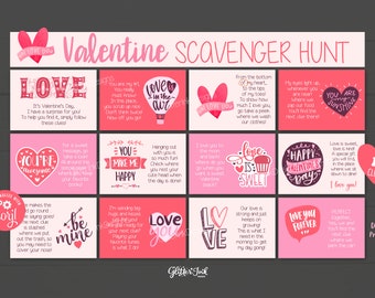 Valentine's Day scavenger hunt printable love notes / Valentines Day treasure hunt clues / Sweetheart couple teen love adult valentine games