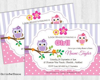 May include: A pink and purple baby shower invitation with a purple and pink owl design. The invitation says "Look Whoo's Having a Girl!" and includes the text "Join us for a baby shower to honor Naomi Taylor".