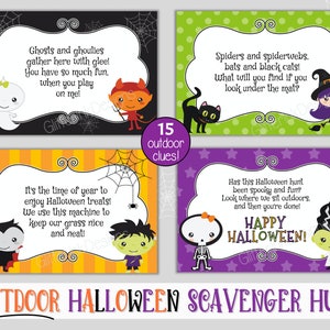 Outdoor Halloween scavenger hunt clue cards / Kids Halloween treasure hunt clues / Printable Halloween party games activity edit with Corjl image 6