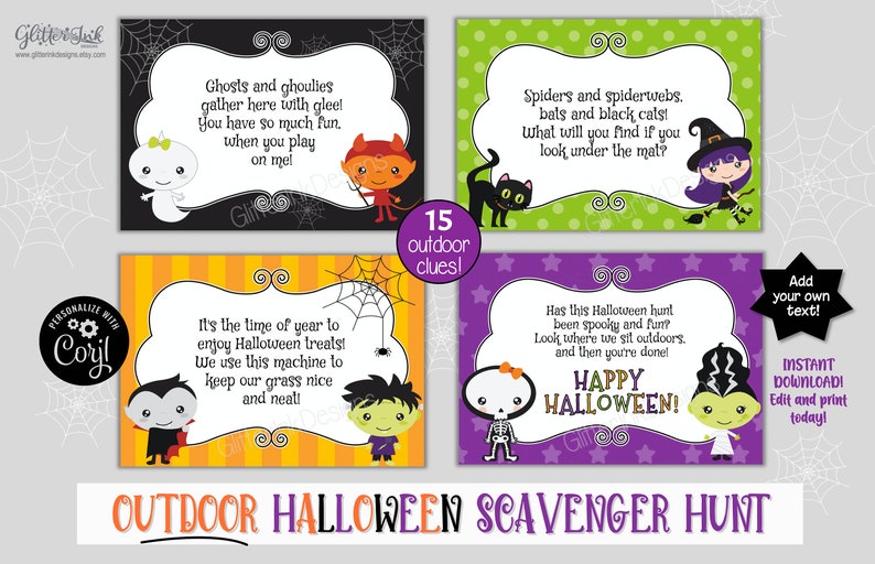 Outdoor Halloween scavenger hunt clue cards / Kids Halloween treasure hunt clues / Printable Halloween party games activity edit with Corjl image 6