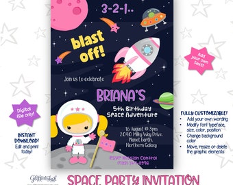 Outer space party printable invitation / Blonde girl astronaut party invitation / Spaceship rocket invitation / Galaxy party invitation