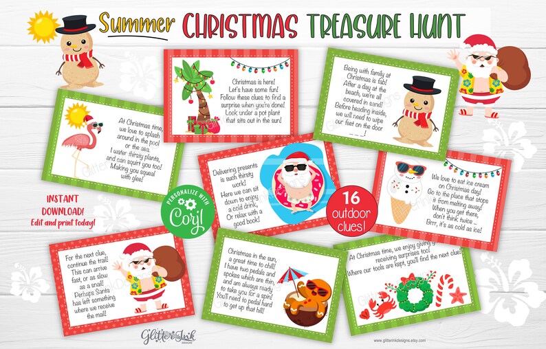 Pu&ograve; includere: Un set di 16 indizi di caccia al tesoro di Natale stampabili con un tema estivo. Gli indizi sono illustrati con Babbo Natale, un pupazzo di neve, un fenicottero e una palma. Il testo sulle carte dice "Summer Christmas Treasure Hunt" e "16 indizi all'aperto!"
