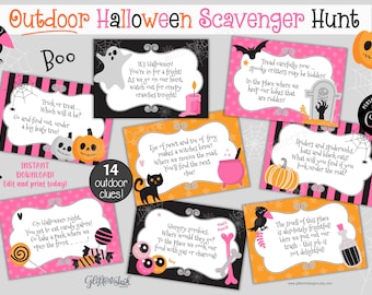 Outdoor Halloween scavenger hunt / Kids Halloween treasure hunt clues / Orange and pink Halloween party games activity - edit with Corjl