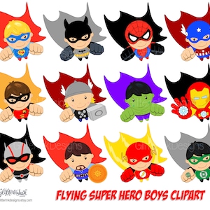 Superhelden Clipart digitale hochauflösende PNG-Dateien, fliegende Superhelden Clip Art mit Superboy und digitalen Papieren für Superhelden-Partydekor