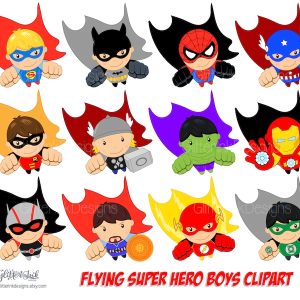 Superhero clipart / flying superheroes clipart / Super boy clipart and digital papers / super hero party decor