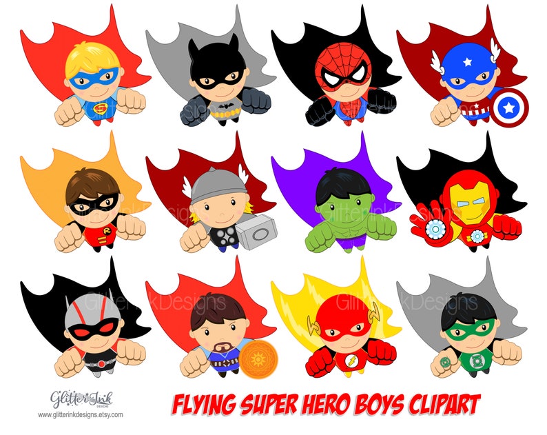 May include: Clip art set of ten flying superhero boys with capes. Each boy is wearing a different superhero costume and has a unique expression. The boys are all flying in the air with their capes billowing behind them. The set includes Superman, Batman, Spiderman, Captain America, Robin, Thor, Hulk, Iron Man, Flash, and Green Lantern.