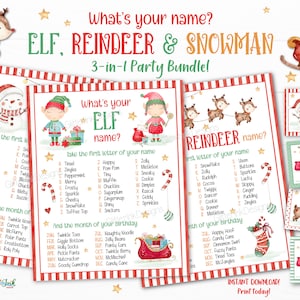 Was ist Ihr Elfenname Rentiername & Schneemannname druckbares Weihnachtsfamilienspielepaket für Kinder, sofortiger digitaler Download von Namensschilder