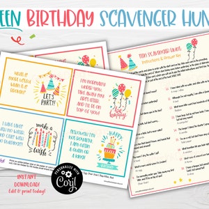 Op de afbeelding: Een printbaar tiener verjaardags speurtocht spel met kleurrijke feestmutsen, ballonnen en kaarsen. Het spel bevat een antwoordsleutel en instructies om te spelen. De tekst op de kaarten luidt "Let's Party!" en "Be Happy!"