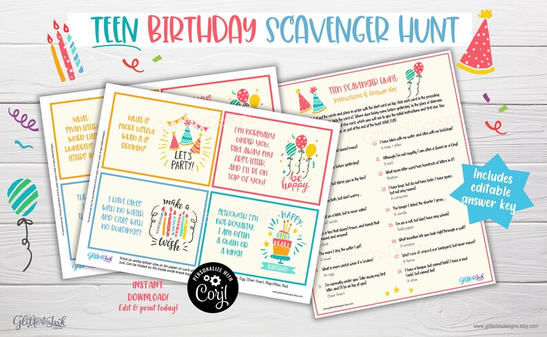 Op de afbeelding: Een printbaar tiener verjaardags speurtocht spel met kleurrijke feestmutsen, ballonnen en kaarsen. Het spel bevat een antwoordsleutel en instructies om te spelen. De tekst op de kaarten luidt "Let's Party!" en "Be Happy!"