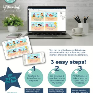 May include: A laptop screen shows a digital design template with a mermaid theme. The template is customizable with text and images. The text on the screen reads "Edit text, save & download to your device in PDF or JPG format." The image also includes a call to action to "Try Before You Buy!" and instructions on how to purchase and edit the design.